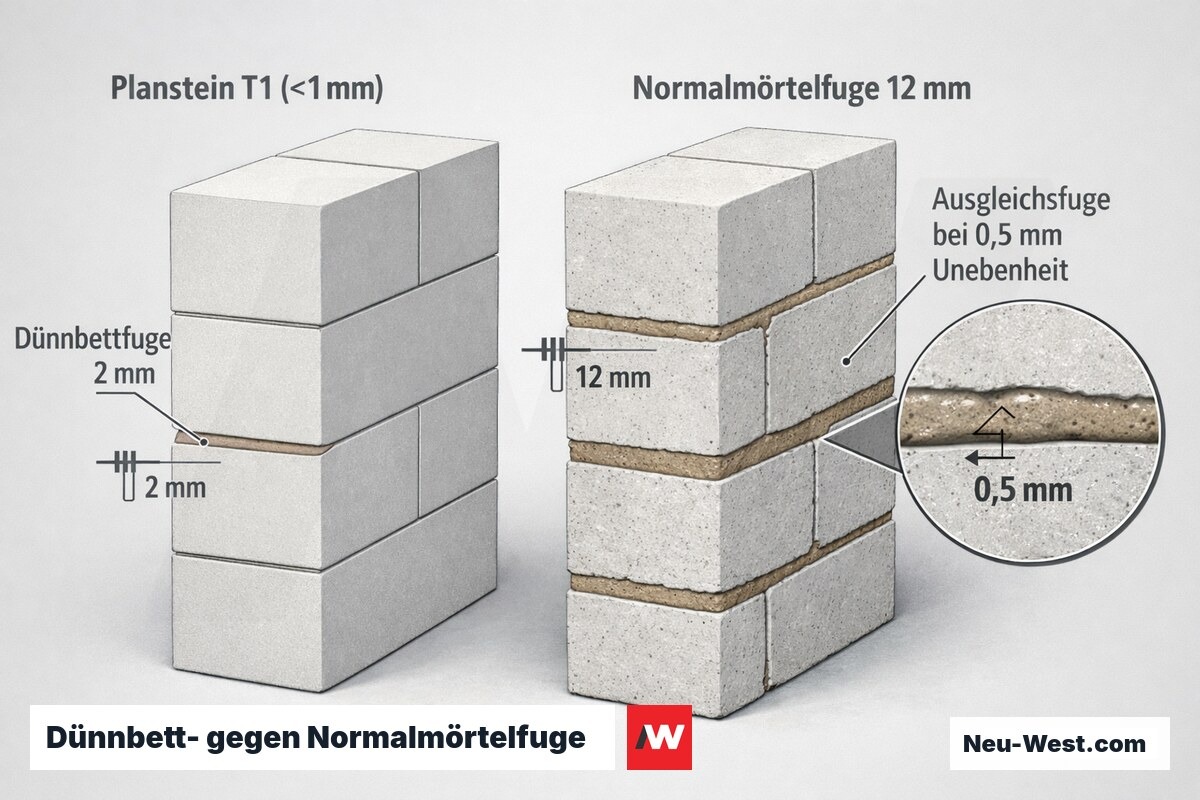 Querschnittsvergleich zweier Mauerwerke: Planziegel mit 2 mm Dünnbettfuge gegenüber Steinen mit 12 mm Normalmörtelfuge und Ausgleichsfuge bei Unebenheit.