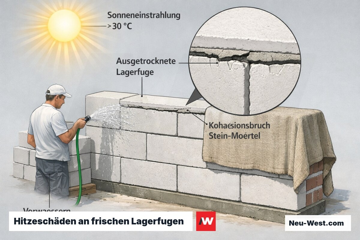 Querschnitt einer Mauer bei Hitze: Sonne trocknet frische Dünnbettmörtel-Lagerfuge aus, Kohäsionsbruch an der Stein-Mörtel-Grenze, daneben Vorwässern und Abdecken als Schutz.