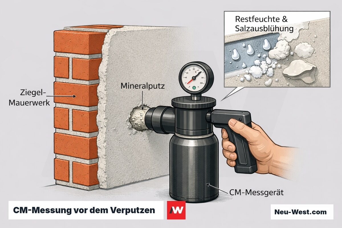 Querschnitt einer Mauerwerkswand mit Mineralputz und CM-Messgerät zur Restfeuchtemessung, mit Salzausblühung und Putzablösung durch eingeschlossene Feuchte.