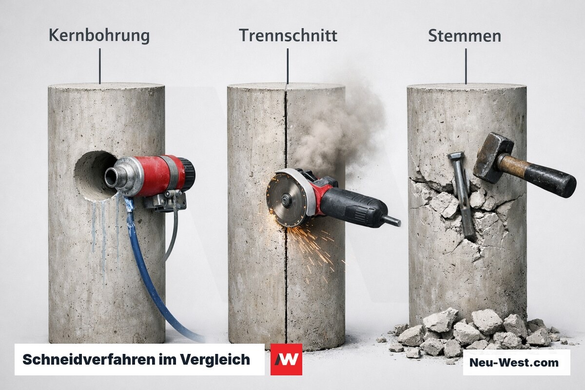 Schneidverfahren im Vergleich: Kernbohrung, Diamantschnitt, Stemmen – Erklär-Grafik (NEUWEST Berlin)