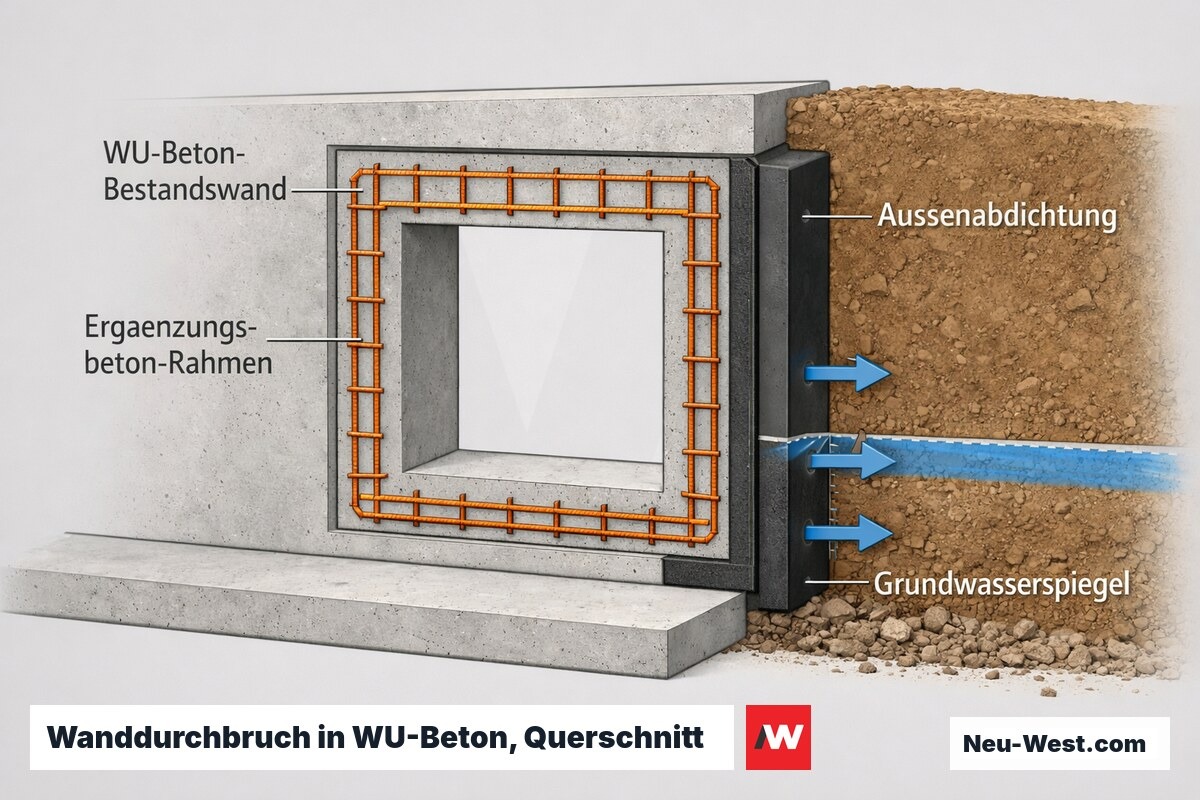 Querschnitt einer WU-Beton-Kellerwand mit Durchbruch, Ergänzungsbeton-Rahmen, Außenabdichtung und drückendem Grundwasser über Sohlplatte.