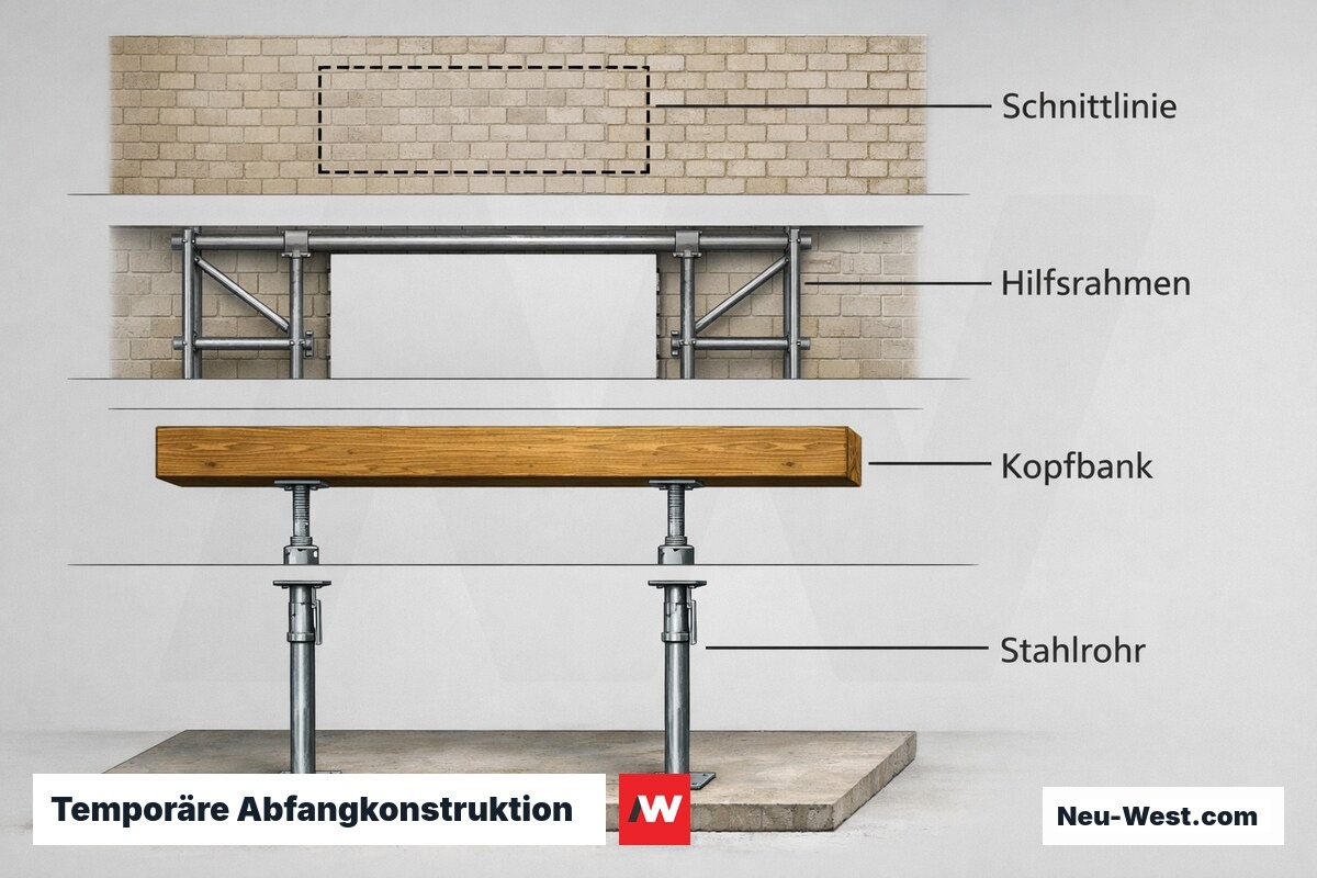 Temporäre Abfangkonstruktion: Ablauf Schritt für Schritt – Erklär-Grafik (NEUWEST Berlin)