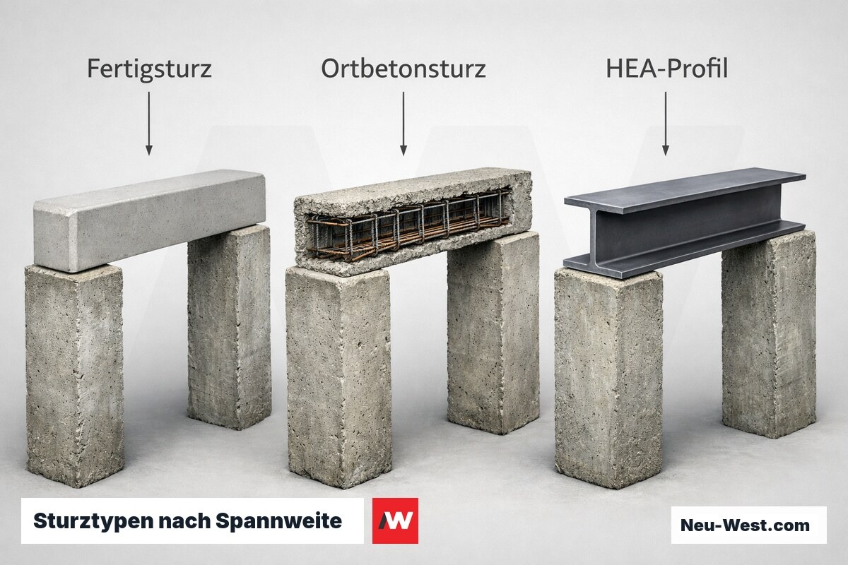 Sturztypen nach Spannweite: Fertigsturz, Ortbeton, Stahlprofil – Erklär-Grafik (NEUWEST Berlin)
