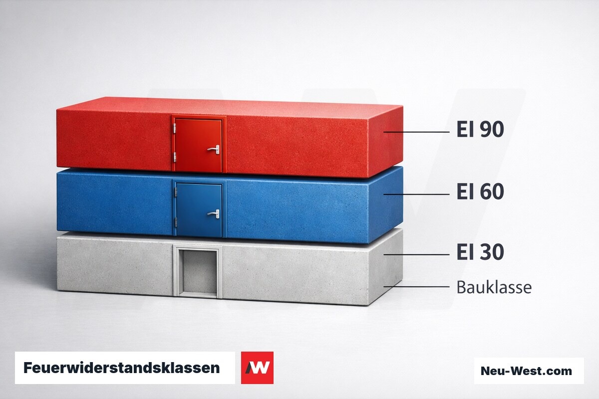 Feuerwiderstandsklassen für Öffnungsabschlüsse: EI 30 / EI 60 / EI 90 – Erklär-Grafik (NEUWEST Berlin)