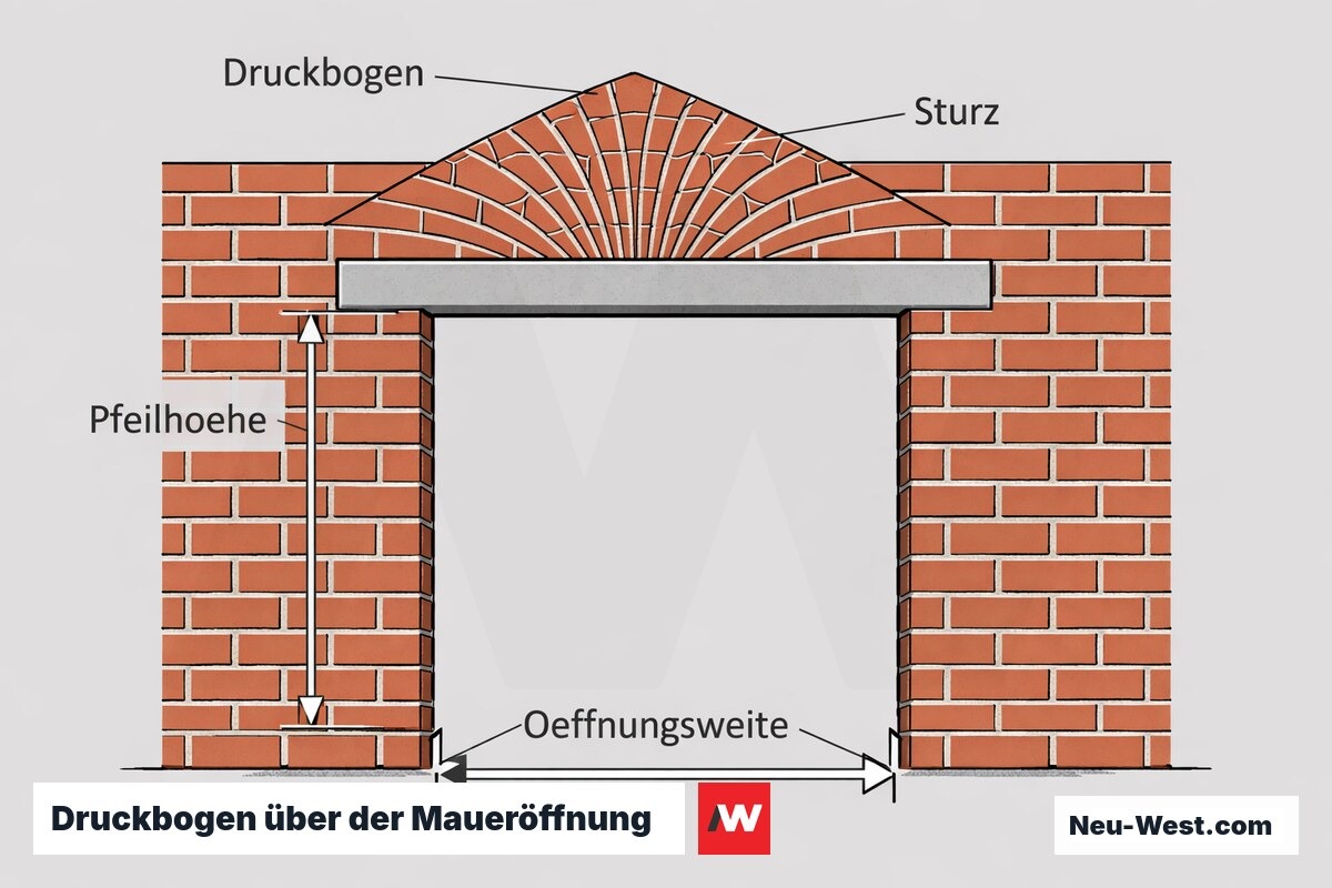 Querschnitt einer Ziegelwand: natürlicher Druckbogen über der Öffnung entlastet den Sturz, mit Pfeilhöhe und Öffnungsweite.
