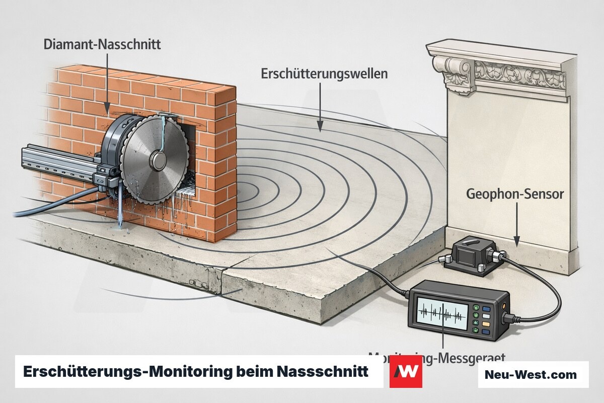 Querschnitt: Diamant-Nassschnitt am Mauerdurchbruch mit Erschütterungswellen, Geophon am Nachbargebäude und Monitoring-Messgerät nach DIN 4150-3.
