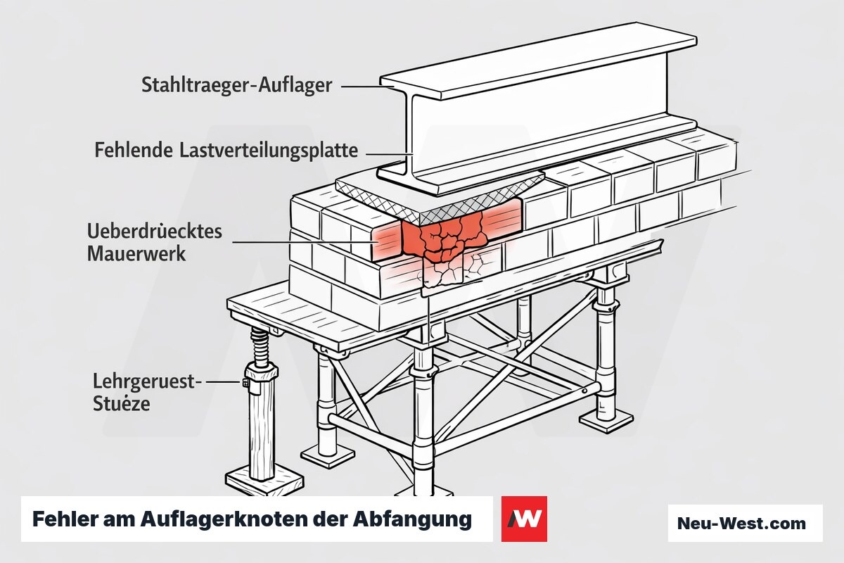 Querschnitt eines Stahlträger-Auflagers auf Mauerwerk: fehlende Lastverteilungsplatte, punktuelle Überdrückung und Lehrgerüst als Fehlerquellen der Abfangkonstruktion.