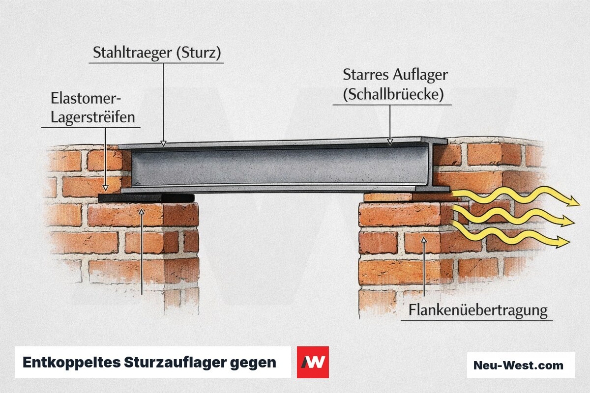 Querschnitt Sturzzone: Stahlträger auf Mauerwerk, links entkoppeltes Elastomer-Auflager, rechts starre Schallbrücke mit Flankenübertragung nach DIN 4109.