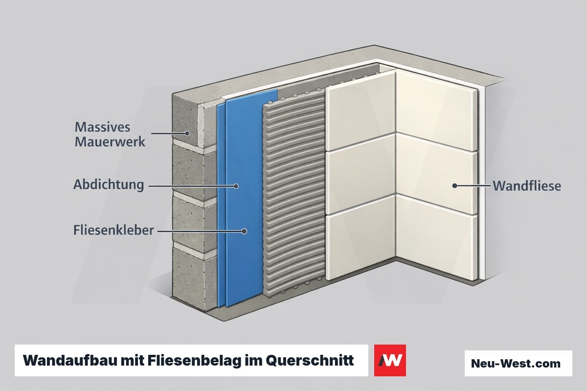Querschnitt einer Wand im Feuchtraum mit Mauerwerk, Abdichtung, Fliesenkleber und Wandfliese samt Fugen.