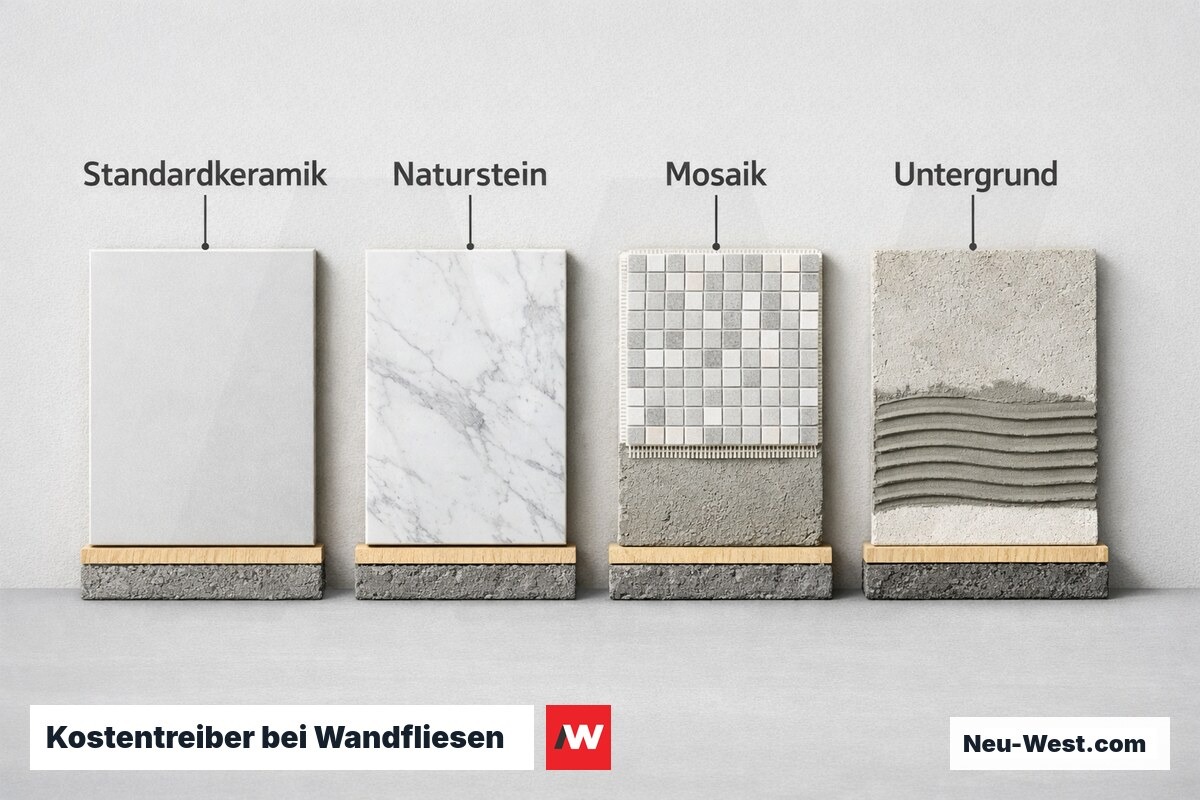 Vergleichende Illustration von Wandfliesen-Materialien: Standardkeramik, Naturstein und Mosaik auf verputztem Untergrund als Kostentreiber.
