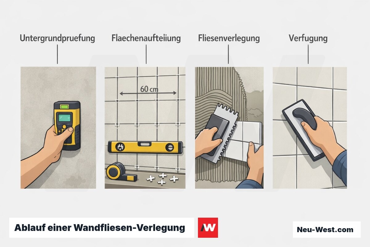 Ablauf-Illustration der Wandfliesen-Verlegung in vier Schritten: Untergrundprüfung, Flächenaufteilung, Verlegung und Verfugung.