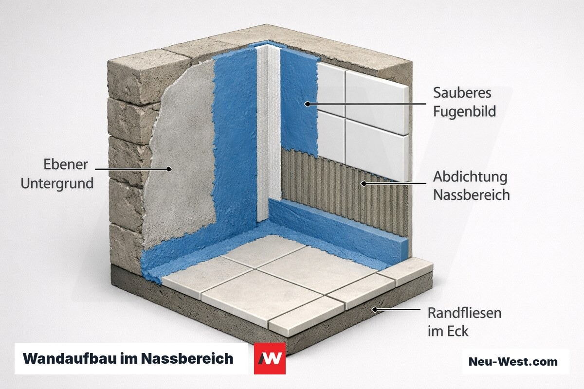 Querschnitt einer Nassbereich-Wand: ebener Untergrund, Abdichtung mit Dichtband, Fliesenkleber, gleichmäßiges Fugenbild und Randfliesen im Eck.