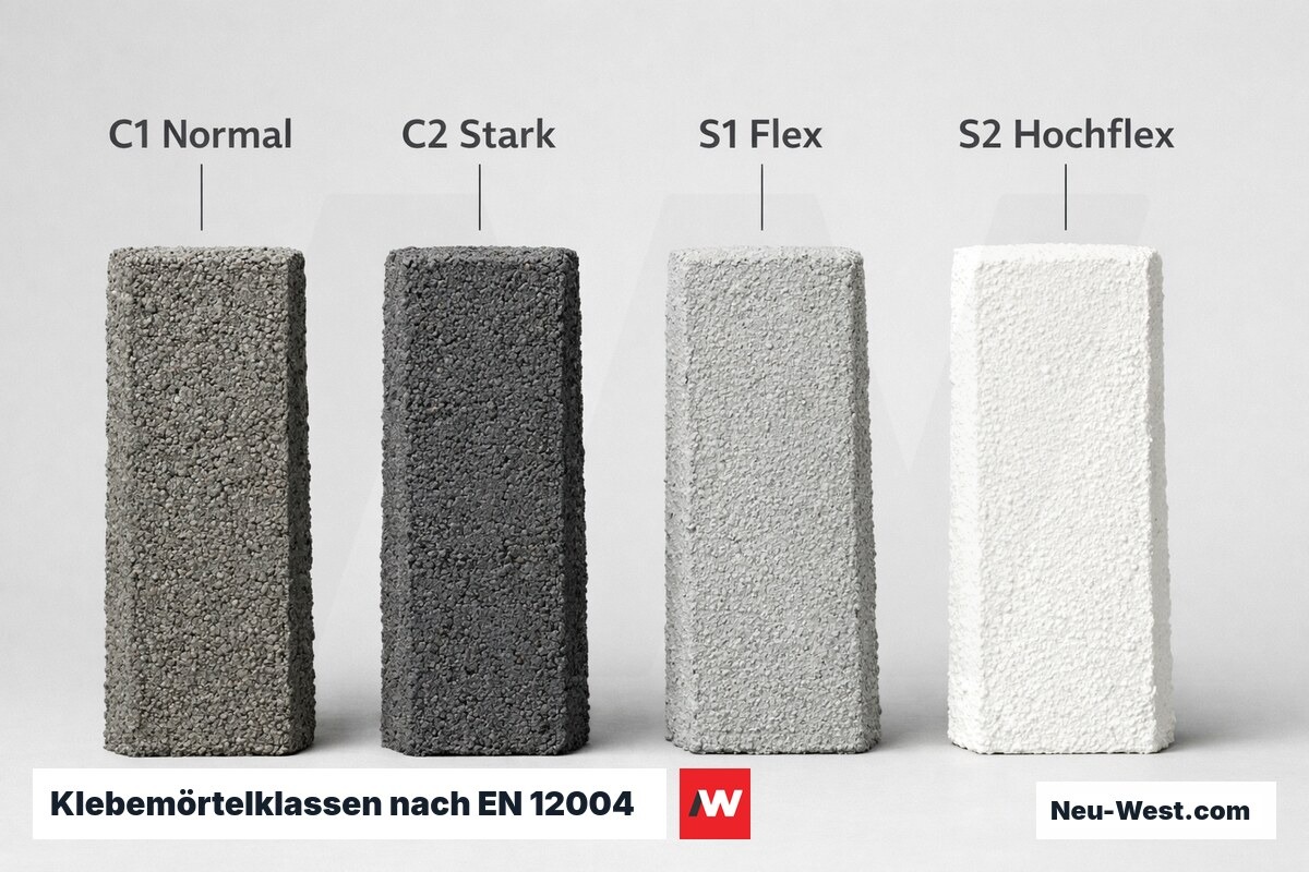 Klebemörtelklassen nach EN 12004: C1/C2 und Verformbarkeit S1/S2 – Erklär-Grafik (NEUWEST Berlin)