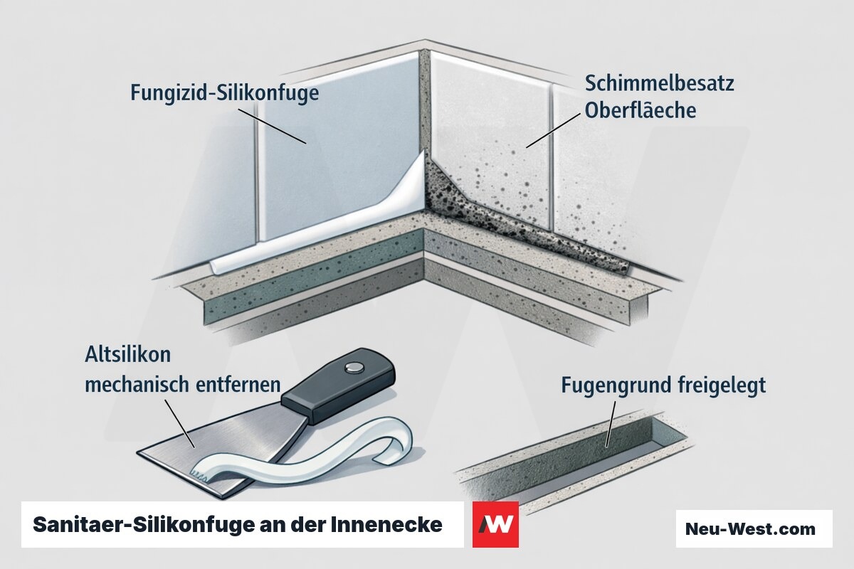 Querschnitt einer Silikonfuge in der gefliesten Innenecke: intakte Fungizidfuge, veralteter Schimmelbesatz und vollstaendige mechanische Entfernung des Altsilikons.