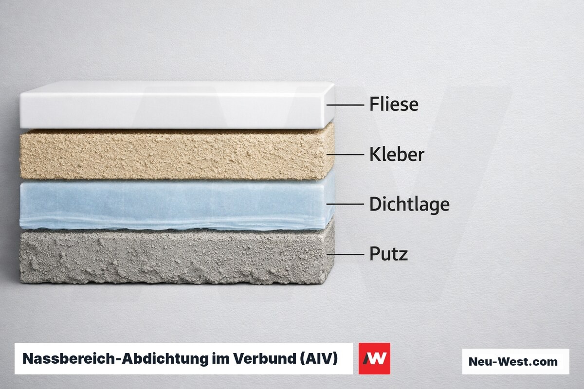 Nassbereich-Abdichtung im Verbund (AIV) nach DIN 18534: Schichtaufbau W0–W3 – Erklär-Grafik (NEUWEST Berlin)