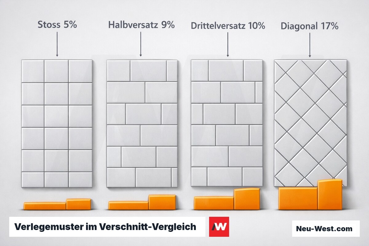 Verlegemuster im Verschnitt-Vergleich: Materialverlust als direkter Kostenfaktor – Erklär-Grafik (NEUWEST Berlin)