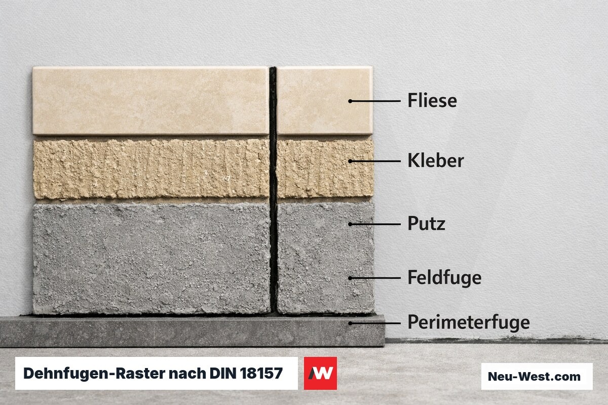 Dehnfugen-Raster nach DIN 18157: Feldfuge und Randfuge durch alle Schichten – Erklär-Grafik (NEUWEST Berlin)