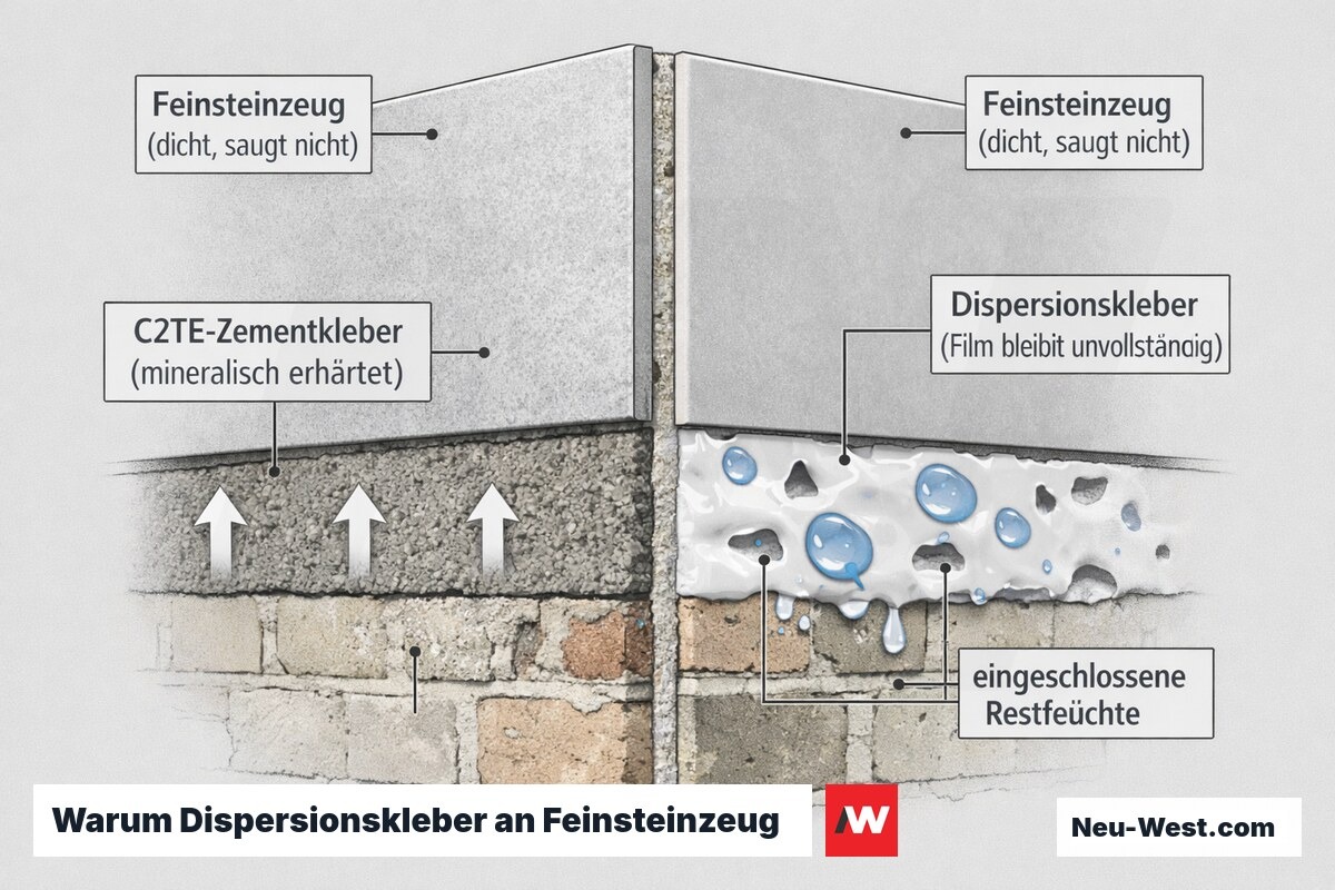 Querschnitt einer Feinsteinzeug-Wandfliese: links erhärteter C2TE-Zementkleber, rechts weicher Dispersionskleber mit eingeschlossener Feuchte an der dichten Fliesenrückseite.