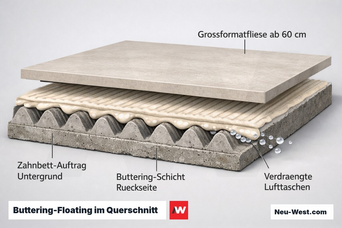 Querschnitt einer Großformatfliese mit gezahntem Untergrundauftrag und dünner Kleberschicht auf der Rückseite, verdrängte Luft entweicht seitlich.