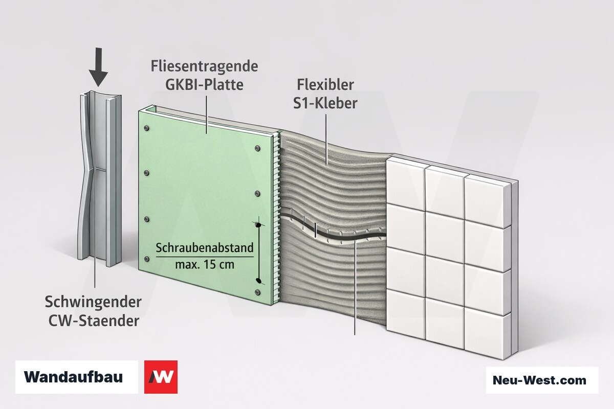 Querschnitt einer gefliesten Trockenbauwand: CW-Ständer, GKBI-Platte, enger Schraubenabstand und flexible S1-Kleberschicht unter Last.