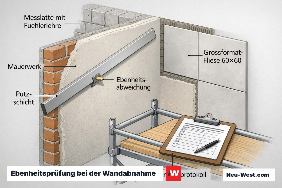 Cutaway einer Wandabnahme: Messlatte mit Fühlerlehre prüft Ebenheit der Putzwand, Großformat-Fliese und Übergabeprotokoll nach DIN 18202.