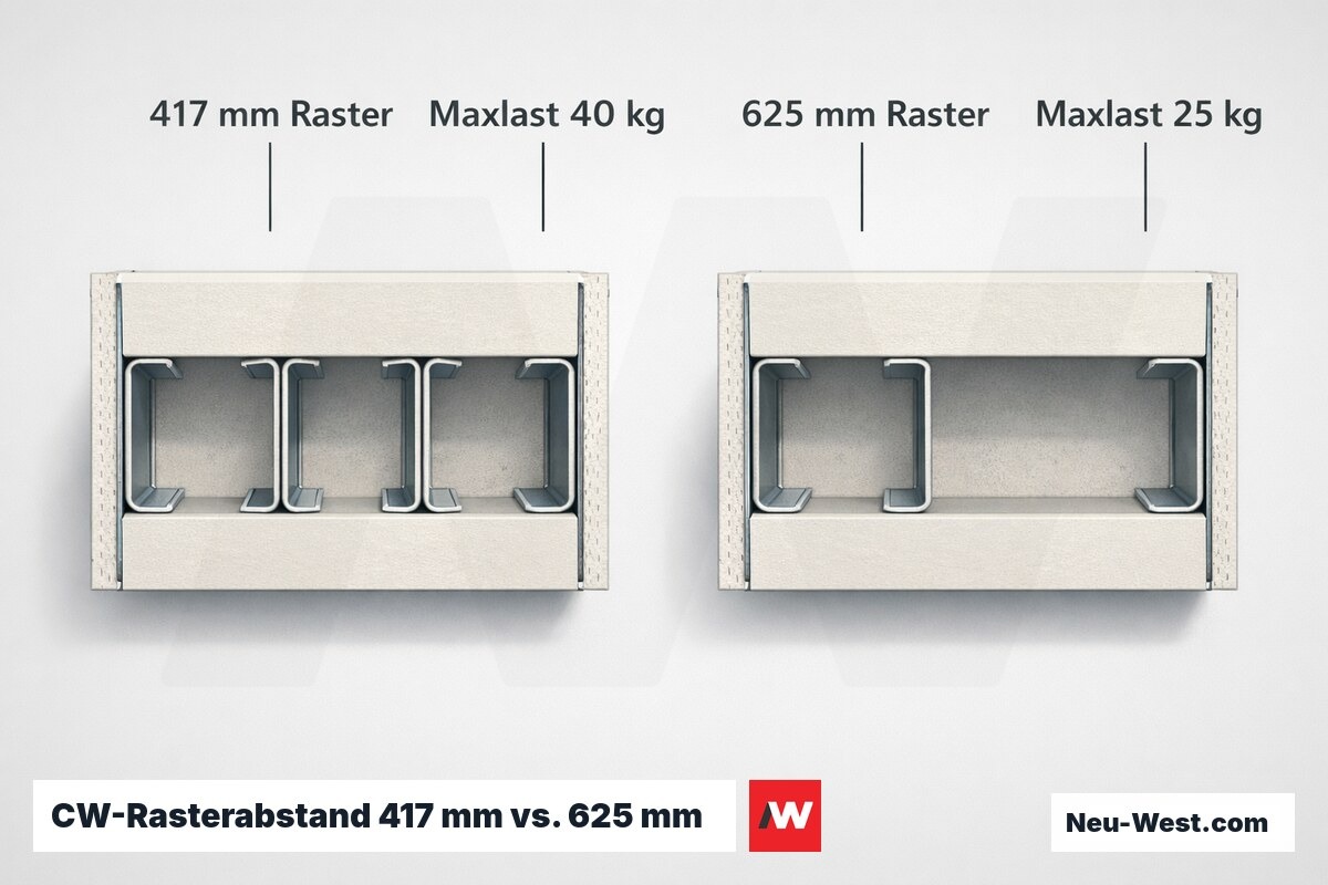 CW-Rasterabstand 417 mm vs. 625 mm — Lastvergleich – Erklär-Grafik (NEUWEST Berlin)