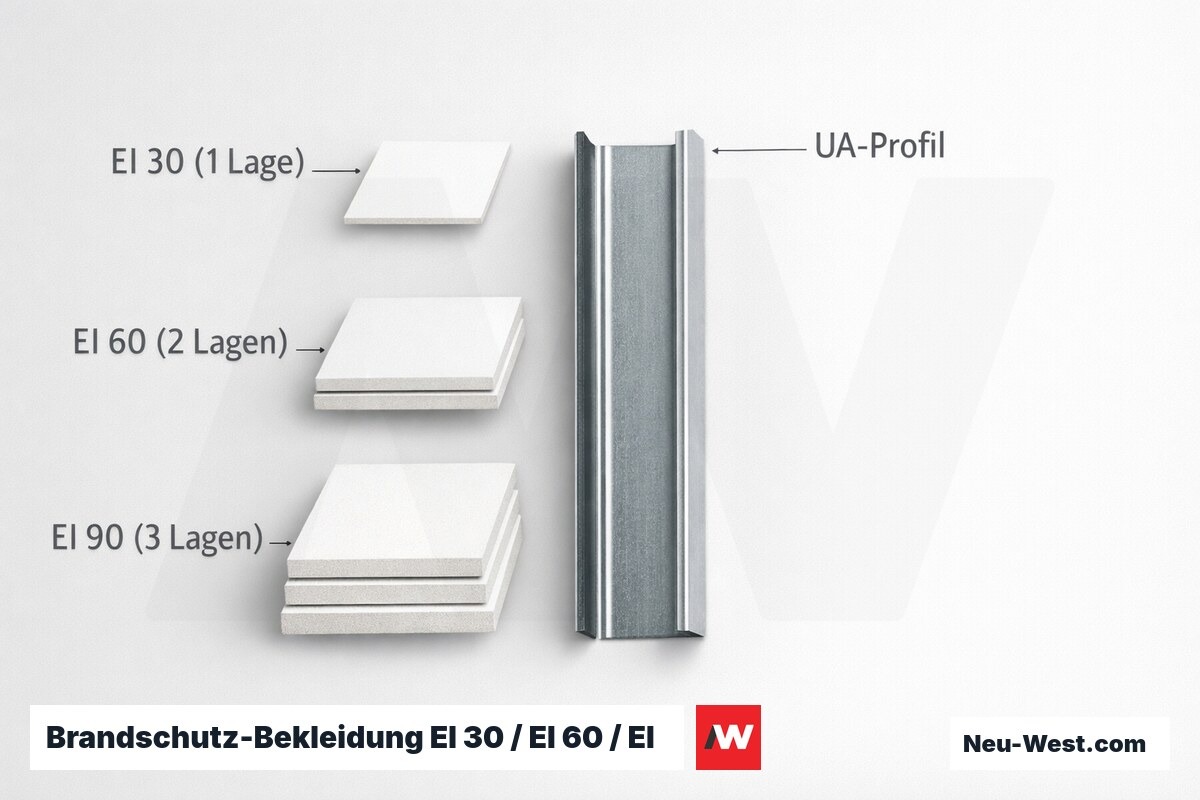 Brandschutz-Bekleidung EI 30 / EI 60 / EI 90 nach EN 13501-2 – Erklär-Grafik (NEUWEST Berlin)