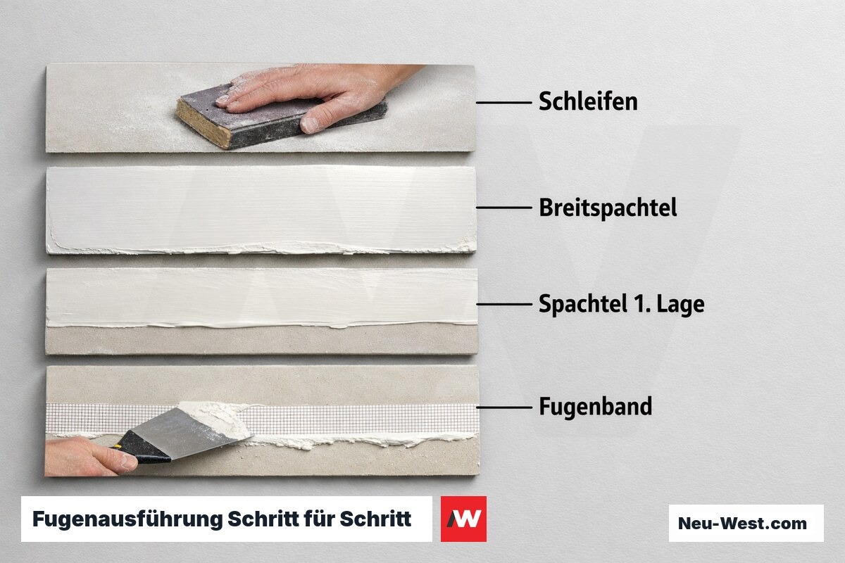 Fugenausführung Schritt für Schritt — kritische Zeitfenster – Erklär-Grafik (NEUWEST Berlin)