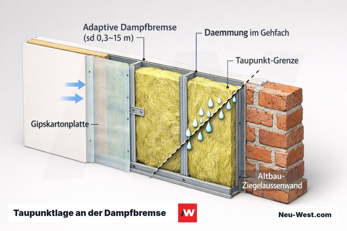 Wandquerschnitt mit adaptiver Dampfbremse, Dämmung und Altbau-Ziegelwand; markierte Taupunktlage mit Kondensatzone im Hohlraum und Rücktrocknung zur Raumseite.