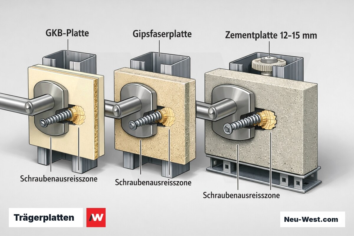 Querschnittsvergleich von GKB, Gipsfaserplatte und Zementplatte auf CW-Profil mit Schraubbefestigung und markierter Ausreißzone.