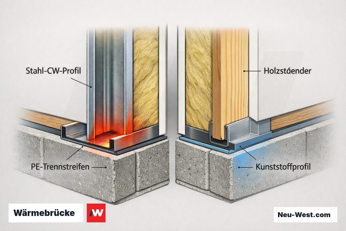 Querschnitt einer Trockenbauwand: Stahl-CW-Profil mit Wärmebrücke gegenüber wärmebrückenarmem Holzständer und Kunststoffprofil, mit PE-Trennstreifen unter dem UW-Profil.