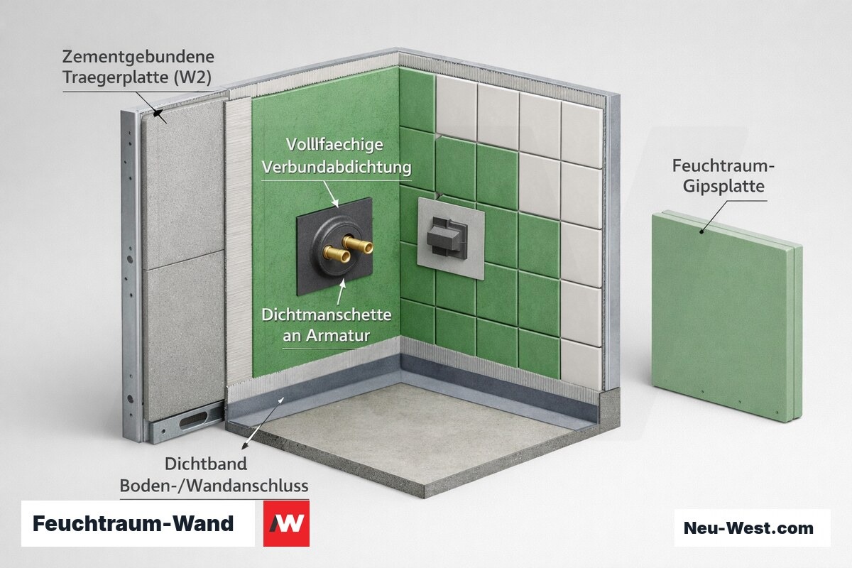 Wandschnitt Dusche: zementgebundene Trägerplatte, vollflächige Verbundabdichtung, Dichtband am Bodenanschluss und Manschette an der Armatur.