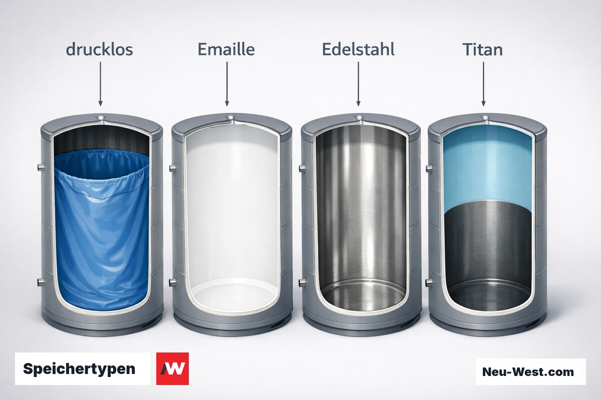 Speichertypen: drucklos, Emaille, Edelstahl, Titan-Email im Vergleich – Erklär-Grafik (NEUWEST Berlin)