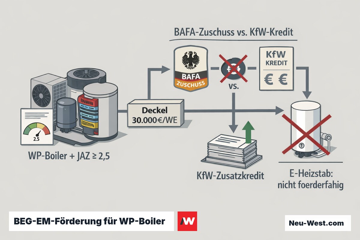 Erklär-Grafik zur BEG-EM-Förderung eines Wärmepumpen-Boilers: JAZ ≥ 2,5, 30.000-€-Deckel, BAFA-Zuschuss und KfW-Ergänzungskredit, E-Heizstab nicht förderfähig.