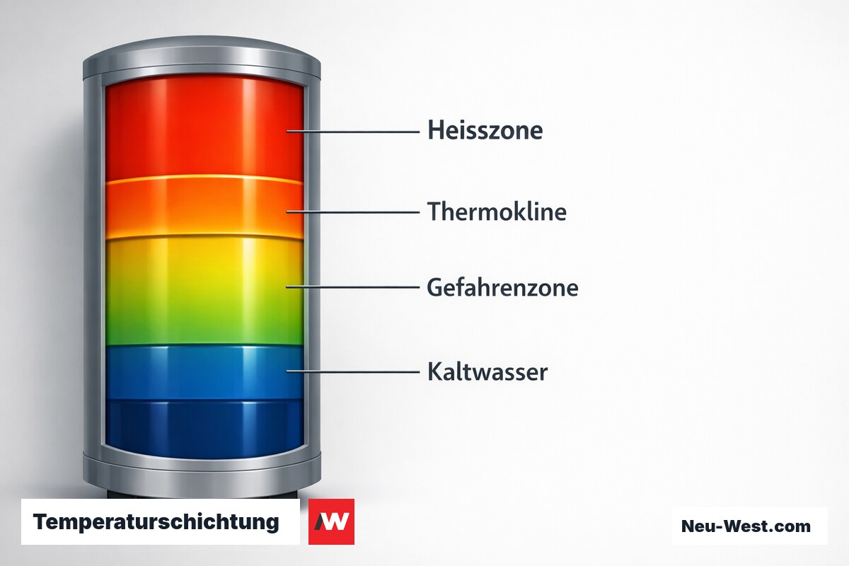 Temperaturschichtung und Legionellen-Risikozonen nach DVGW W 551 – Erklär-Grafik (NEUWEST Berlin)