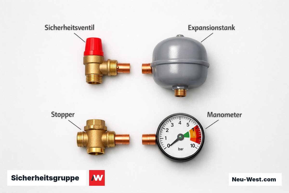 Sicherheitsgruppe: Ventil, Expansionstank, Stopper, Manometer – Erklär-Grafik (NEUWEST Berlin)