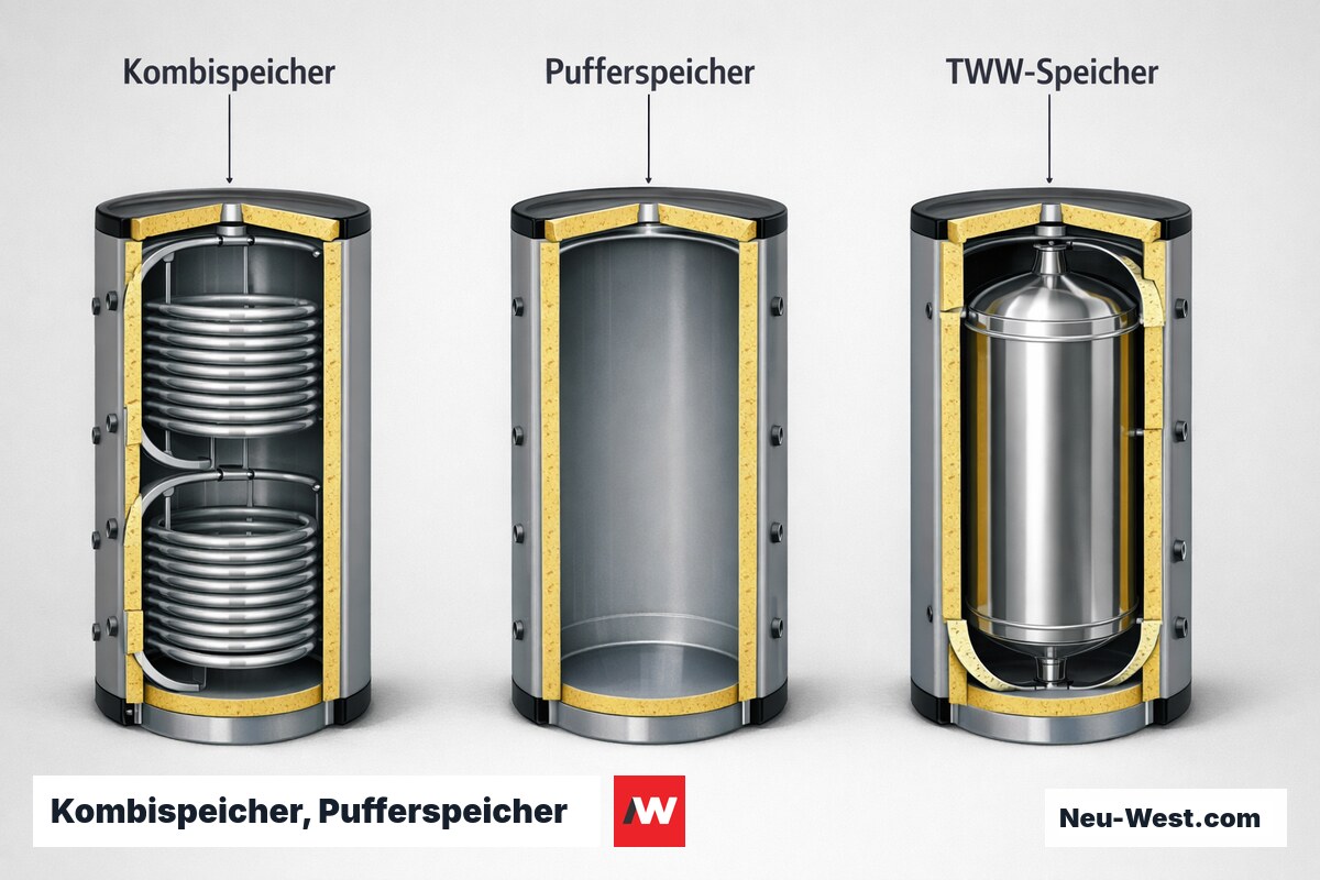 Kombispeicher, Pufferspeicher und TWW-Speicher: Aufbau und Einsatzgrenzen – Erklär-Grafik (NEUWEST Berlin)