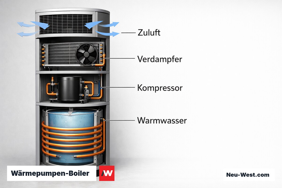 Wärmepumpen-Boiler: Luftführung, Verdampfer, Kompressor und Speicher – Erklär-Grafik (NEUWEST Berlin)