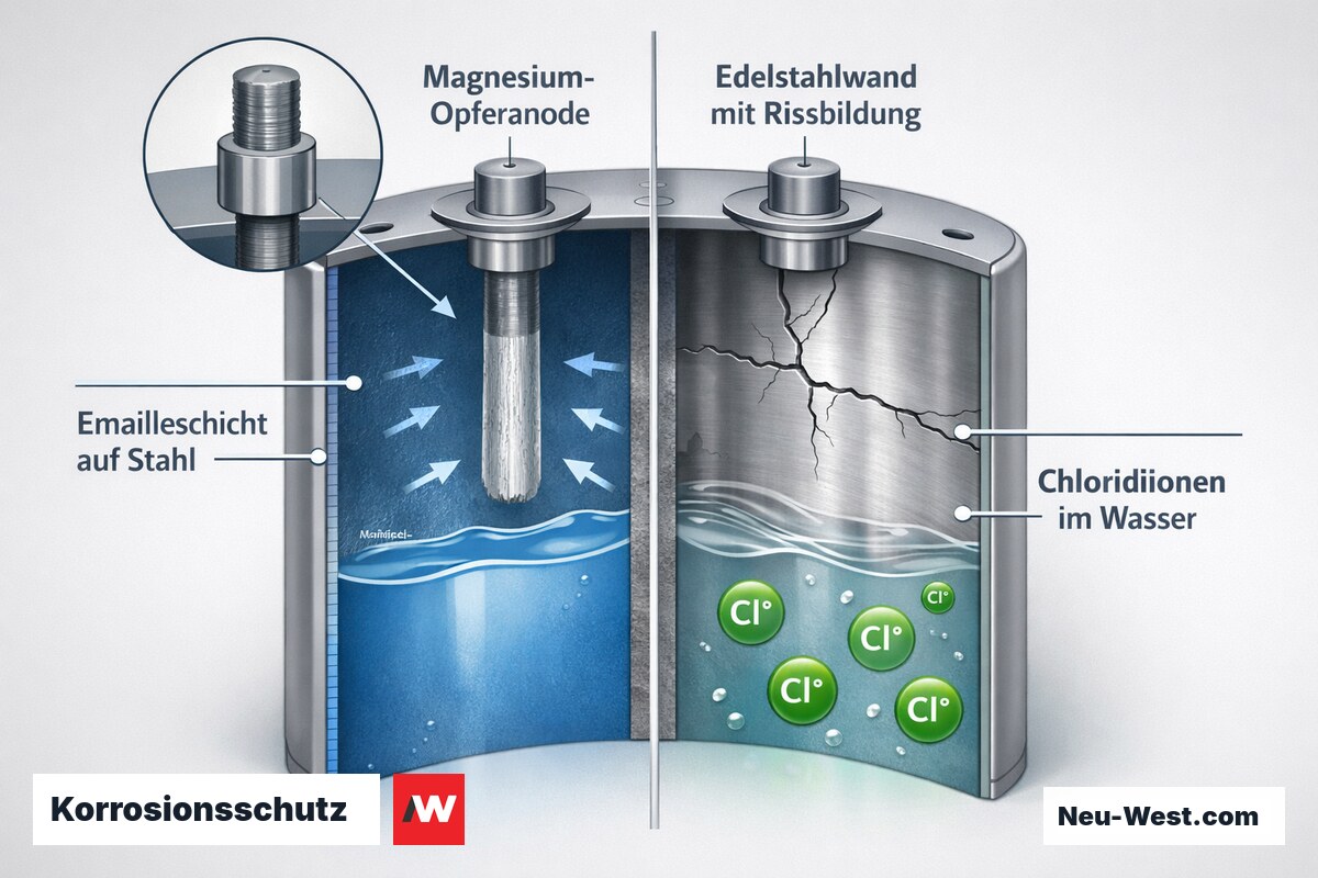 Querschnitt-Erklärgrafik: Magnesium-Opferanode schützt Emaillekörper kathodisch, daneben Edelstahlwand mit chloridbedingter Spannungsrisskorrosion.