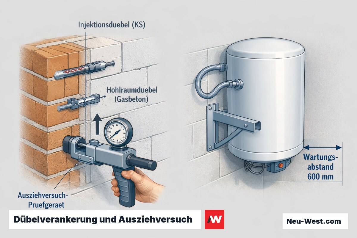 Wandquerschnitt mit Injektionsdübel in Kalksandstein, Hohlraumdübel in Gasbeton, Ausziehversuch-Prüfgerät und entkoppeltem Anschlussrohr am Speicher.