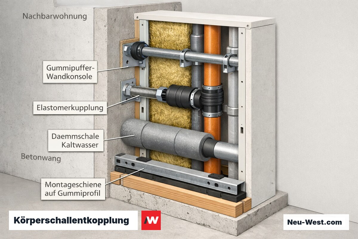 Querschnitt einer vom Rohbau entkoppelten Installationswand mit Gummipuffer-Konsolen, Elastomerkupplung, Dämmschalen und Montageschienen im Mehrfamilienhaus.