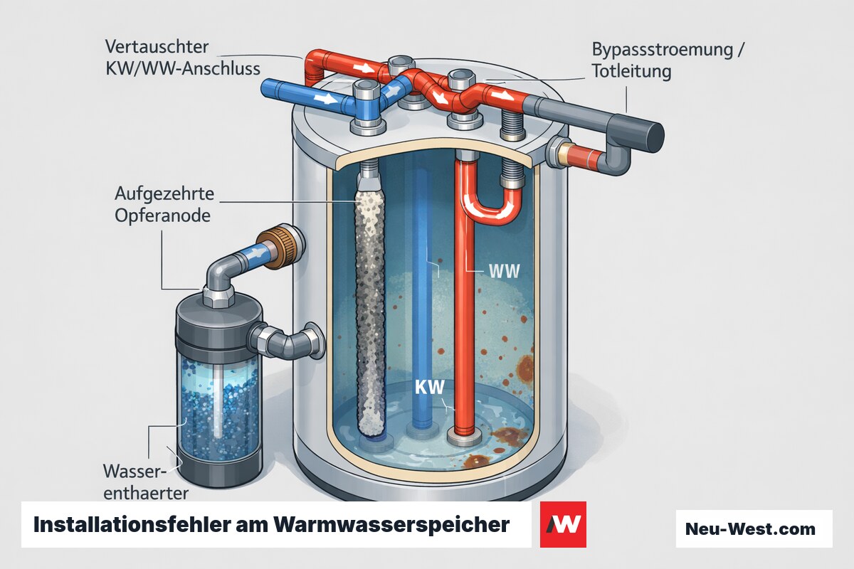 Querschnitt eines Warmwasserspeichers mit vertauschtem Kalt-/Warmwasseranschluss, Bypassströmung, aufgelöster Opferanode und Wasserenthärter.