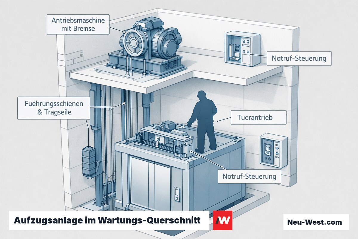 Technischer Querschnitt einer Aufzugsanlage mit Antriebsmaschine, Bremse, Türantrieb, Notruf-Steuerung, Tragseilen und Führungsschienen für die Wartung.