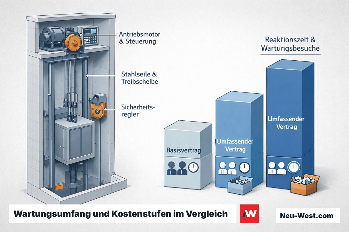 Erklaer-Illustration: Aufzug-Querschnitt mit Antrieb und Steuerung neben gestaffelten Kostenstufen von Basis- bis Komplettvertrag.