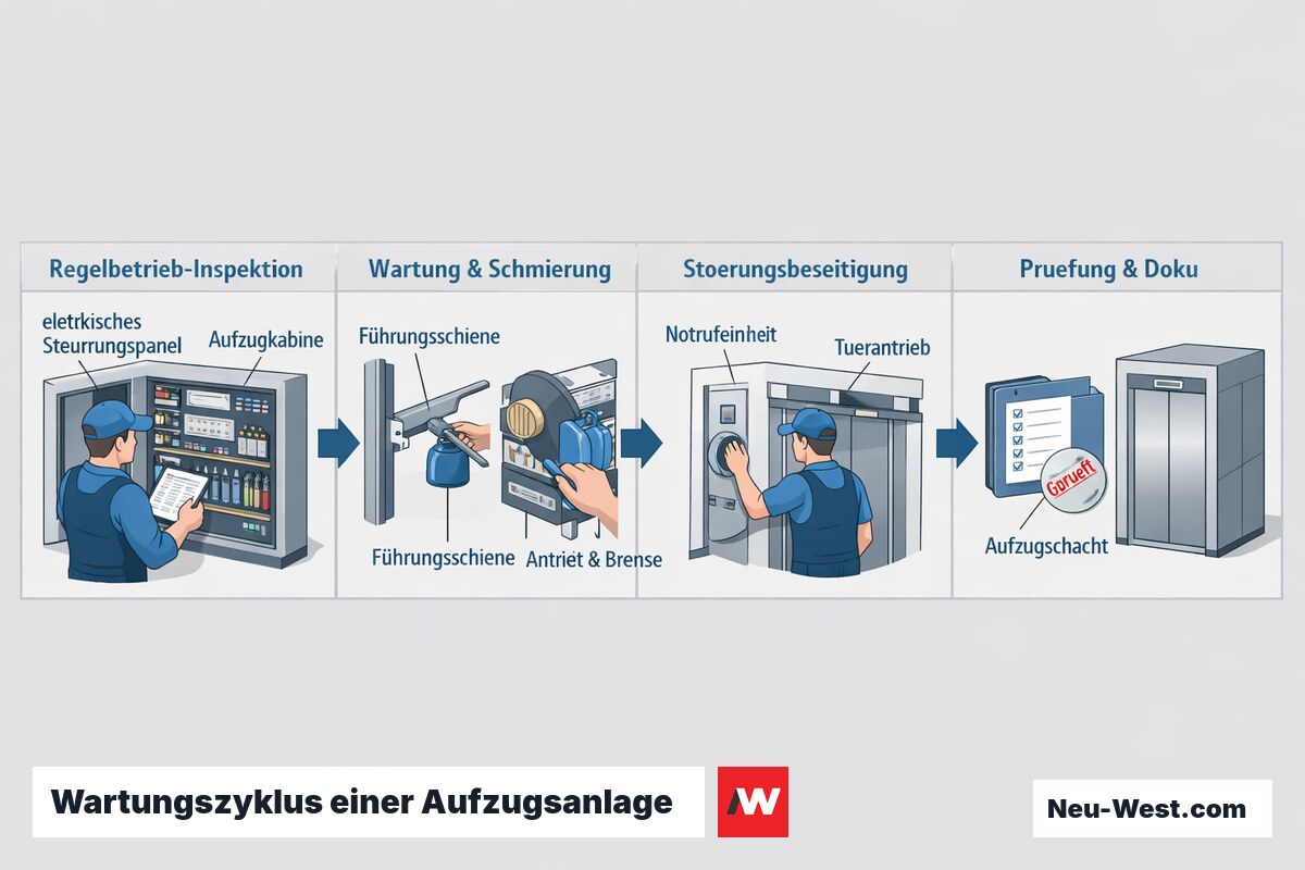 Prozess-Illustration des Aufzug-Wartungszyklus: Inspektion im Regelbetrieb, Wartung und Schmierung, Störungsbeseitigung sowie Prüfung mit Dokumentation.