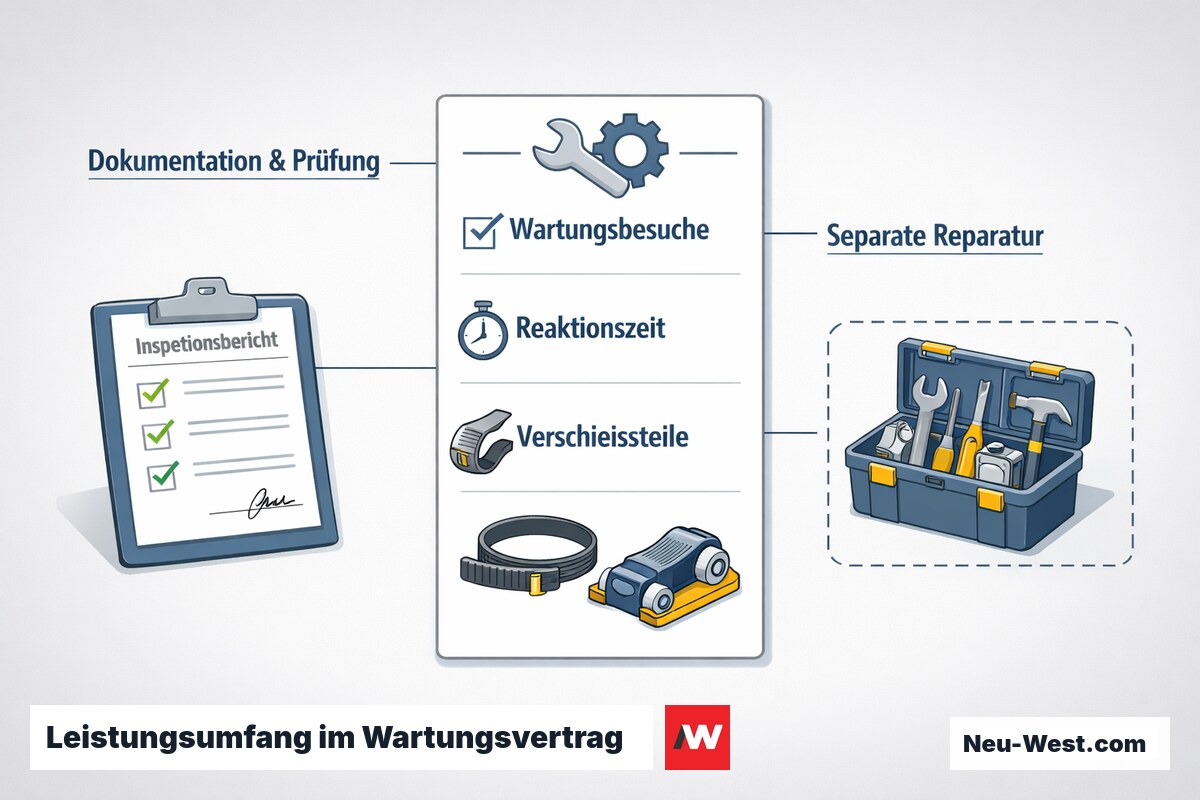 Erklaer-Illustration: Leistungsumfang eines Aufzug-Wartungsvertrags mit Wartungsbesuchen, Reaktionszeit, Verschleißteilen und separat berechneten Reparaturen samt Prüfdokumentation.