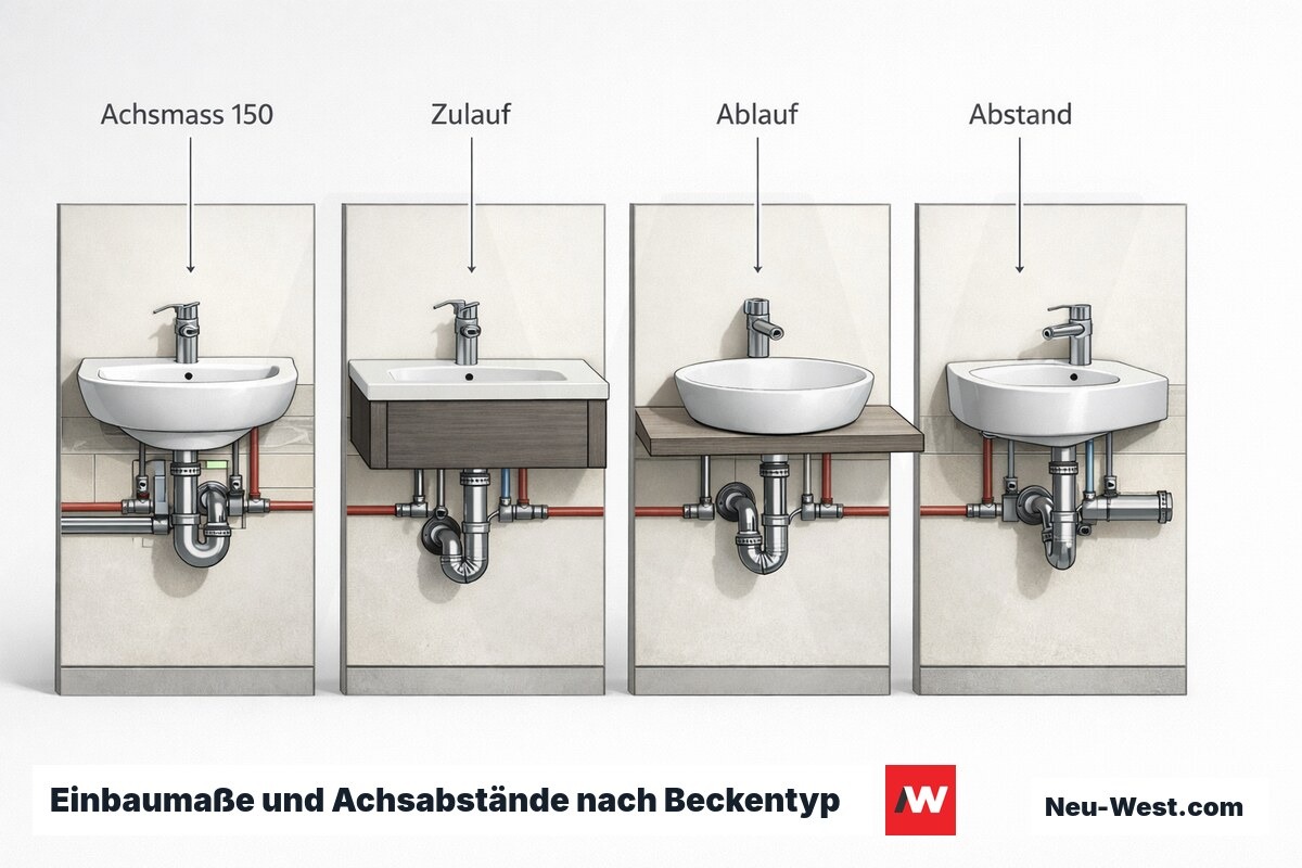 Einbaumaße und Achsabstände nach Beckentyp – Erklär-Grafik (NEUWEST Berlin)