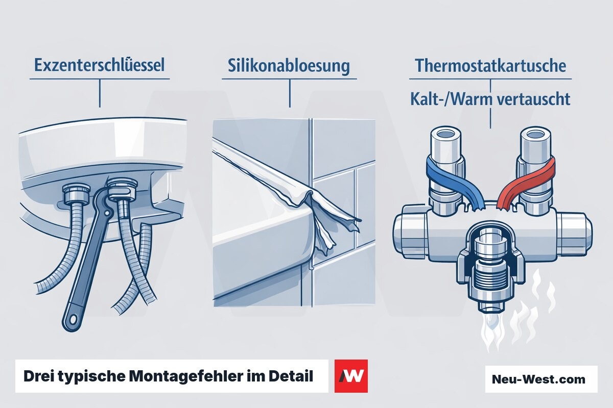 Erklär-Grafik mit drei Panels: unzugängliche Armaturmuttern unter dem Becken, abgelöste Silikonfuge und vertauschte Kalt-/Warmleitung am Thermostatventil.