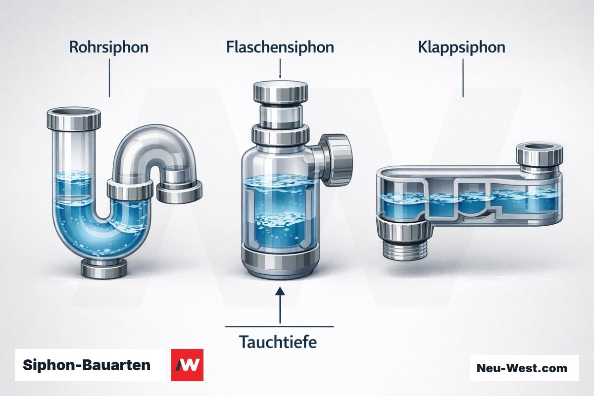 Siphon-Bauarten: Eintauchtiefe und Bauhöhe im Vergleich – Erklär-Grafik (NEUWEST Berlin)
