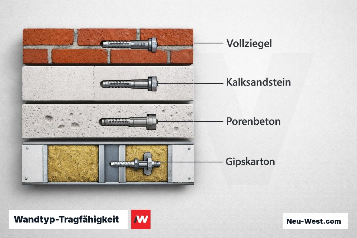 Wandtyp-Tragfähigkeit: Duebel und zulässige Schraubenlasten fuer Wandhängebecken – Erklär-Grafik (NEUWEST Berlin)